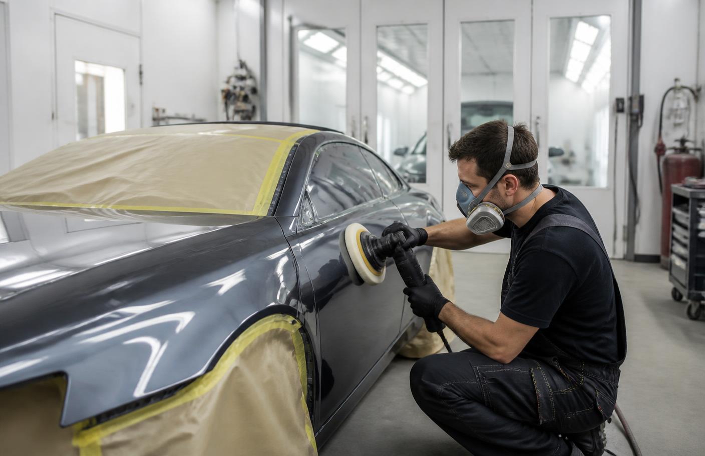 Body technician polishing fresh paint on a car in a refinish booth